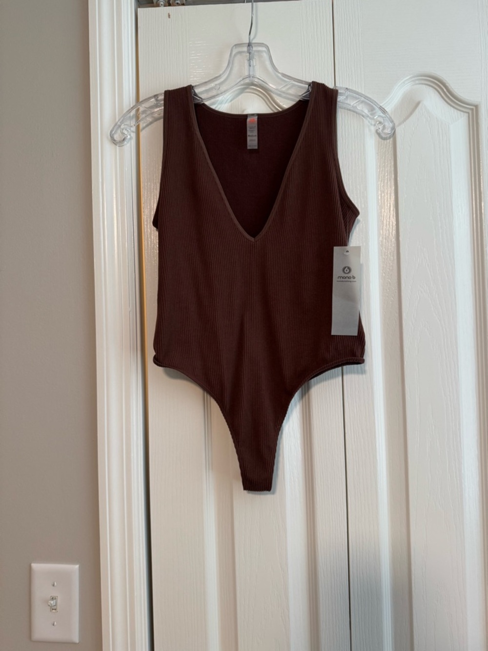 Mono B Ribbed V-Neck Bodysuit in Dark Brown